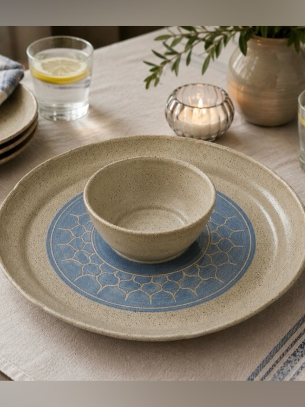 VTG Studio Pottery Chip & Dip Platter Blue Geometric Gray Speckled Signed 1984